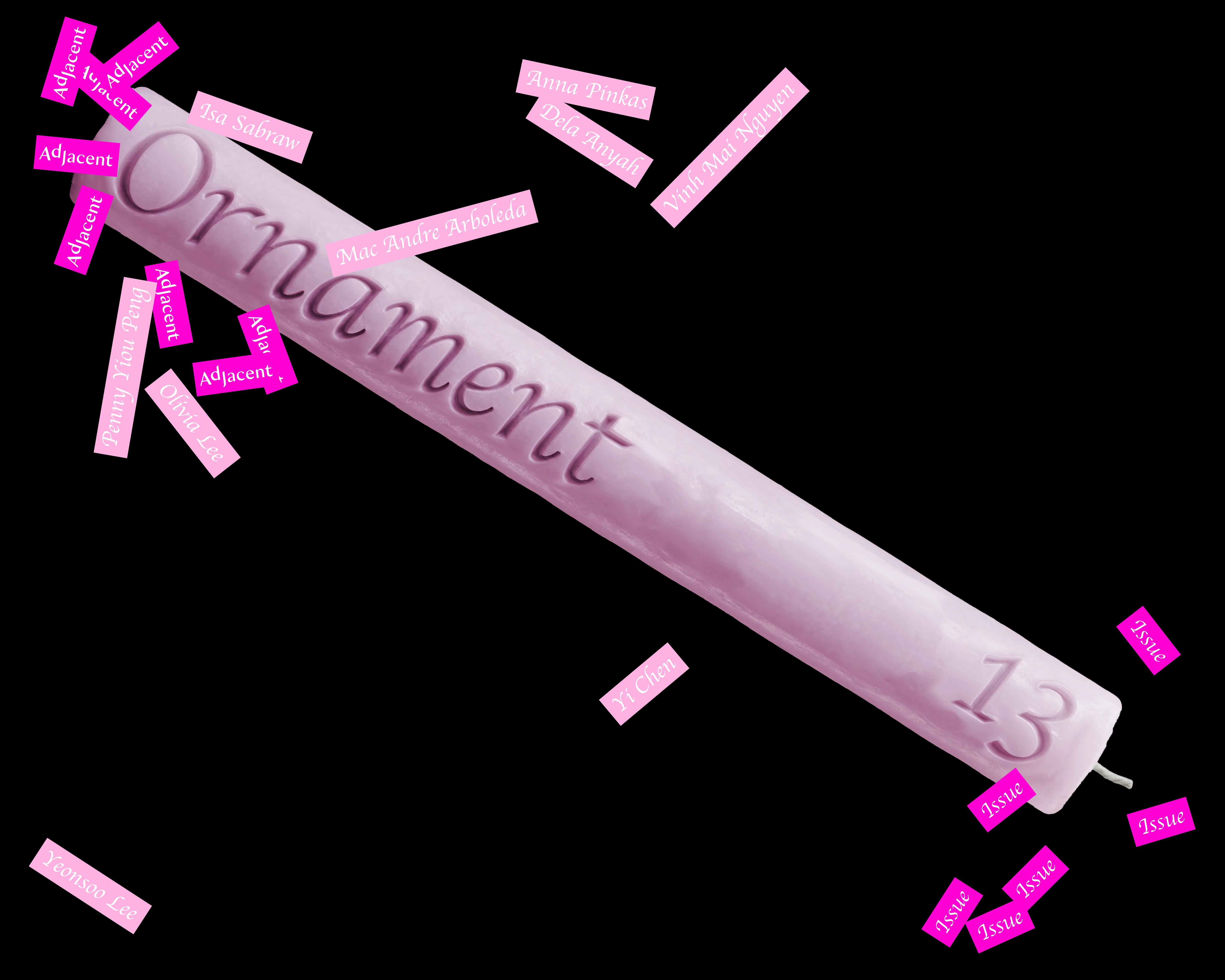 Close-up of a white taper candle engraved with the word 'Ornament' and Adjacent Issue 13 branding