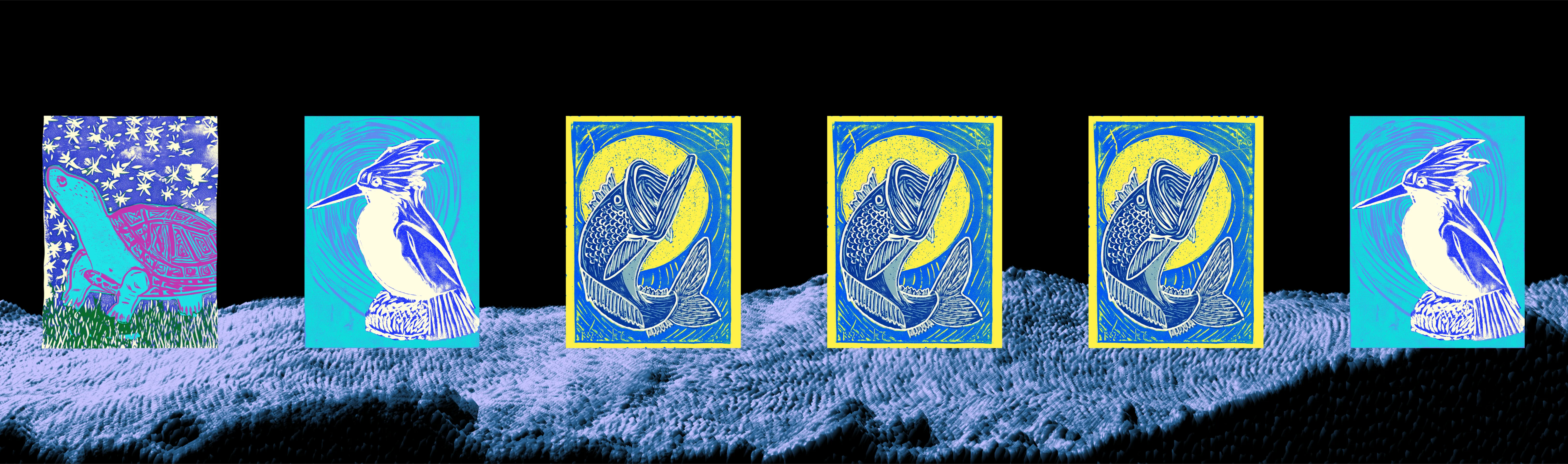 Row of hand-pulled relief print illustrations of a kingfisher and striped bass over a wave-textured background